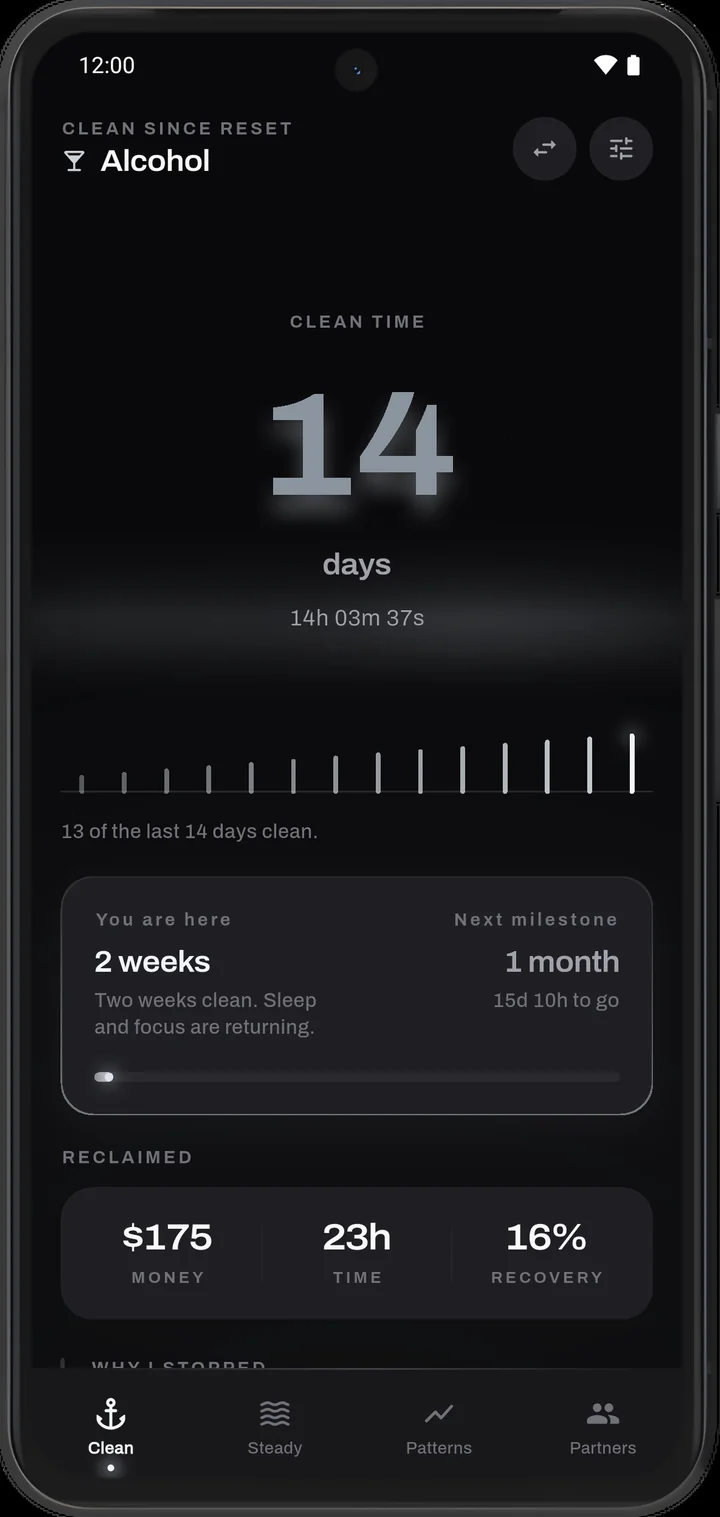 Harness clean counter screen showing 42 days clean
